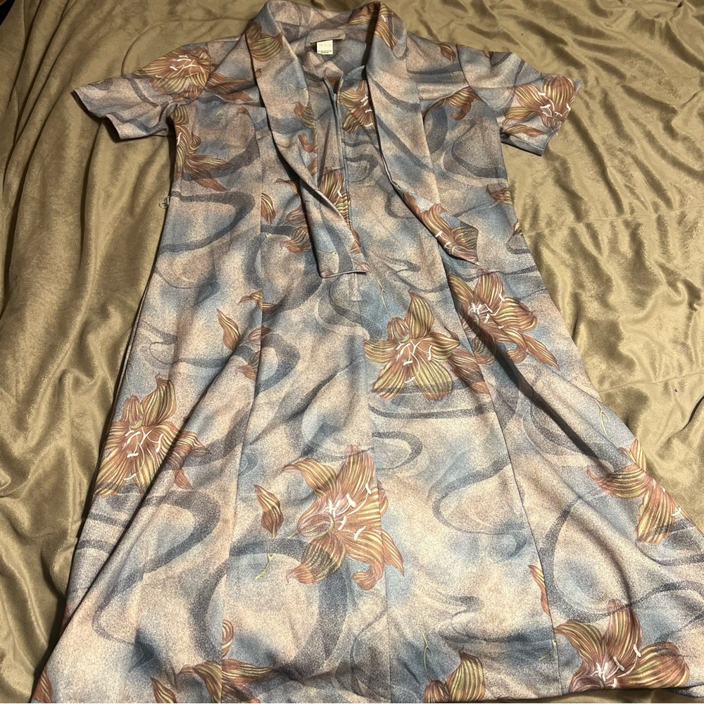 Vintage Tribute Blue/Brown Dress with Bow at Neck Size 16
